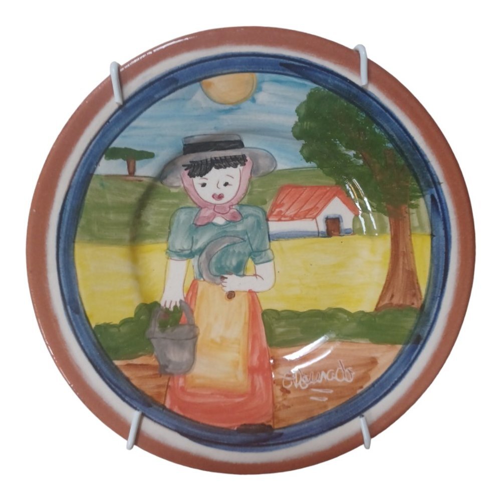 Hand-painted signed Portugal redwear plates x‎ 2